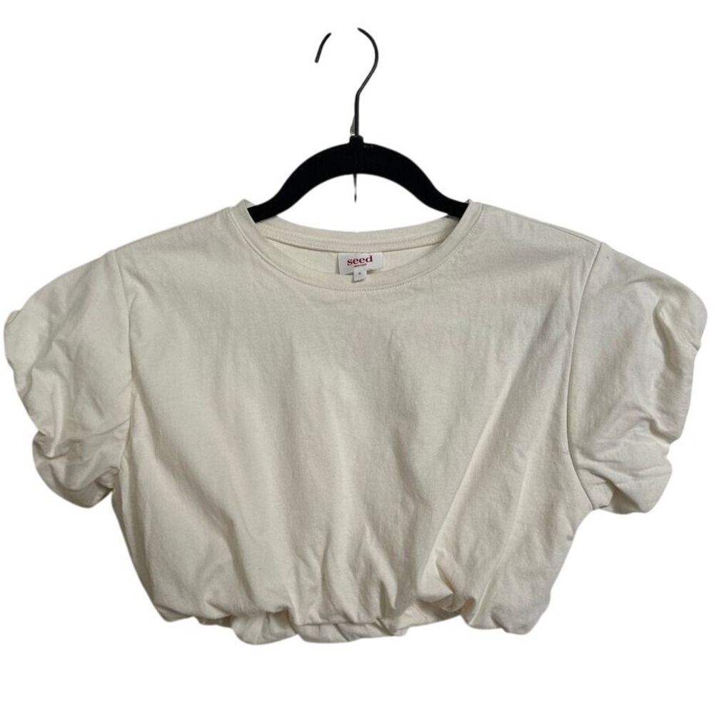 Seed Heritage Cream Ruched Bubble Hem Puff Sleeve Crop Top Size 5 XS